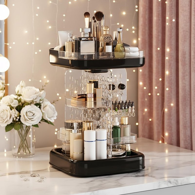 360 Rotating Make up Organizer for Vanity & Countertop, Clear Adjustable Height Tiered Cosmetic and Skincare Storage, Spinning Perfume and Makeup Holder, Jewelry Accessories Desktop Organizer, Black