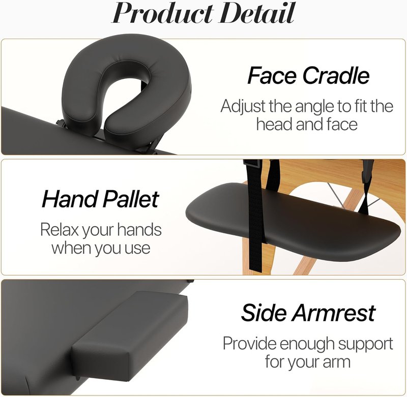 Portable Massage Table - 2 Section Foldable Tattoo Bed | Height Adjustable Lash Spa Bed with Face Cradle - Black
