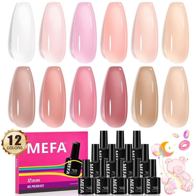 MEFA Jelly Gel Nail Polish Set - 12 Colors Including Valentine's Nude Pink & Milky White | Soak Off DIY Nail Art