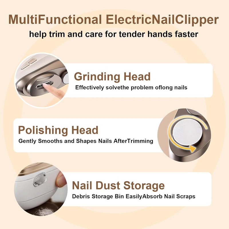 Skiennix Electric Nail Clipper - 2-Speed Rechargeable Trimmer for Seniors, Adults & Kids | Beige with Light & Dust Collector