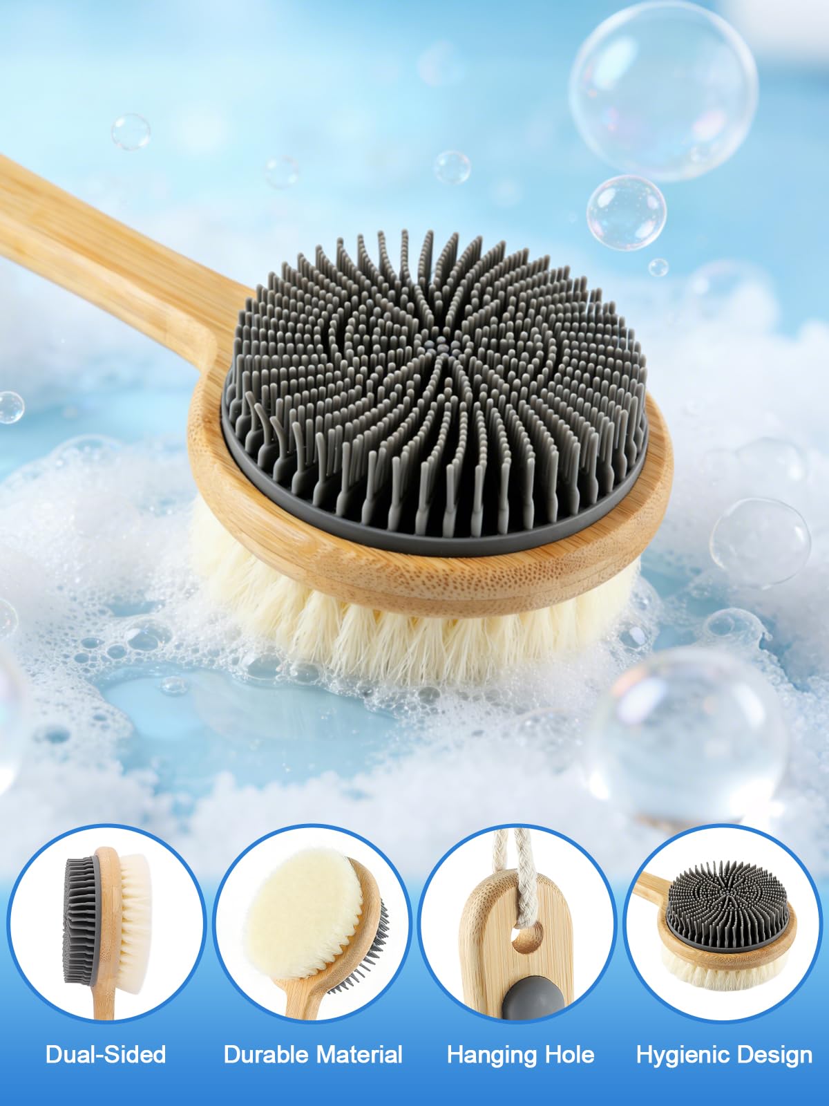 Kalolary Silicone Double-Sided Body Brush with Long Handle, Back Scrubber for Shower Super-Dense Bristles for Deep Cleaning and Massage, Wider Anti-Slip Grip Exfoliator for Wet or Dry Use