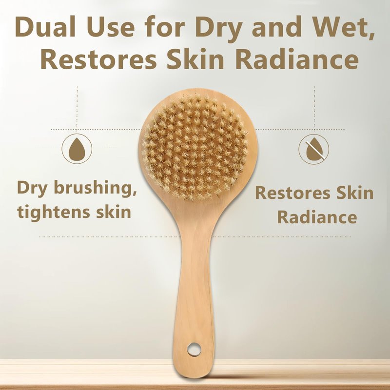 Jaasuee Dry Bath Body Brush with Short Handle, Natural Bristles Back Scrubber, Anti-Slip Wooden Handle for Exfoliation, Blood Circulation, and Cellulite Reduction, Brown