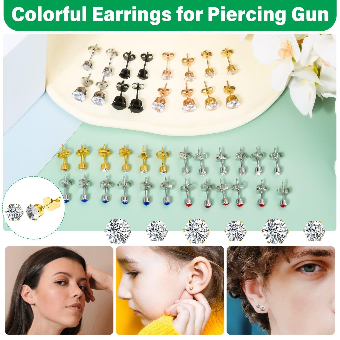 Reusable Ear Piercing Gun Kit, Professional Ear Piercing Machine with Stainless Steel Piercing Earrings Studs, Crystal Earrings for At Home Salon Earlobe Cartilage Helix Tragus Piercing Tool Set