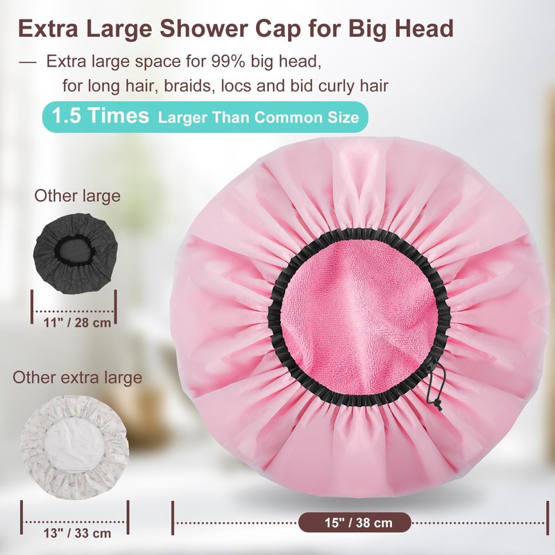 Sheomern 2 Pcs 15" XL Extra Large Terry Lined Shower Cap, Adjustable Dual Waterproof Shower Cap for Women Reusable Soft Hair Cap Bath Cap for Long Braids, Thick Hair, Locs, Curly Hair