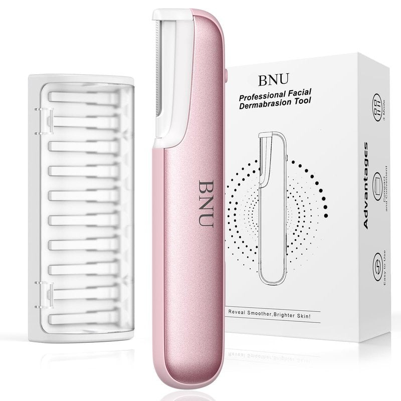 Dermaplane Razor for Women Face, BNU Facial Hair Remover for Anti-Aging, Rechargeable, LED Light, Sonic Edges, 3 Speeds, Ergonomic Handle Face Dermaplaning Tool 10 Blades Pink