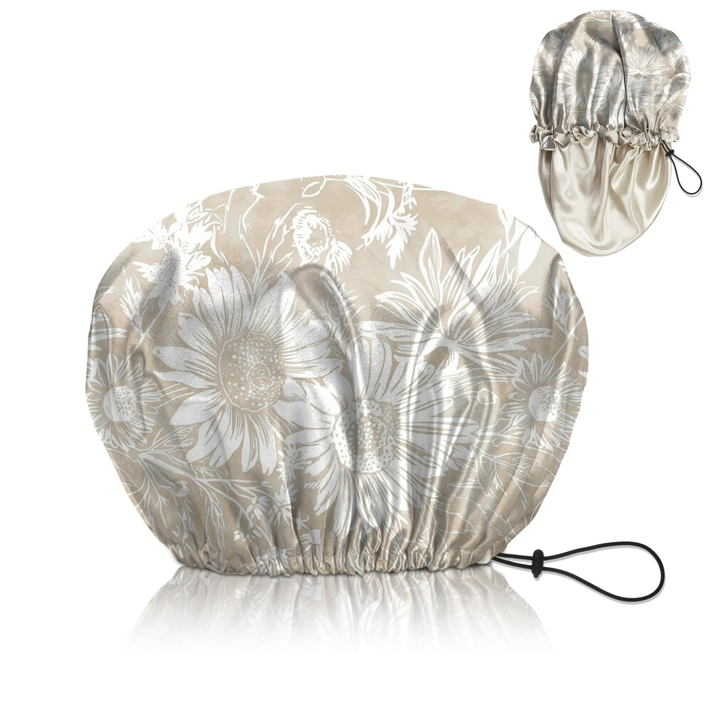 Cabreche Luxury Shower Cap Satin Silk Lined Adjustable Elastic Reusable Waterproof Shower Bath Cap Cute for Women Girls-Golden Sunflower