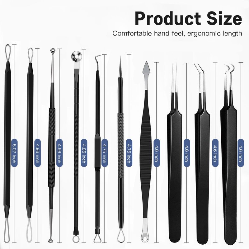 Professional Pimple Popper Tool Kit,10 PCS Blackhead Remover Tweezers,Extractor Acne Removal Kit for Easy Removal for Pimples,Comedone Extractor Tools for Removing Zit,Acne Removal Kit (Black)
