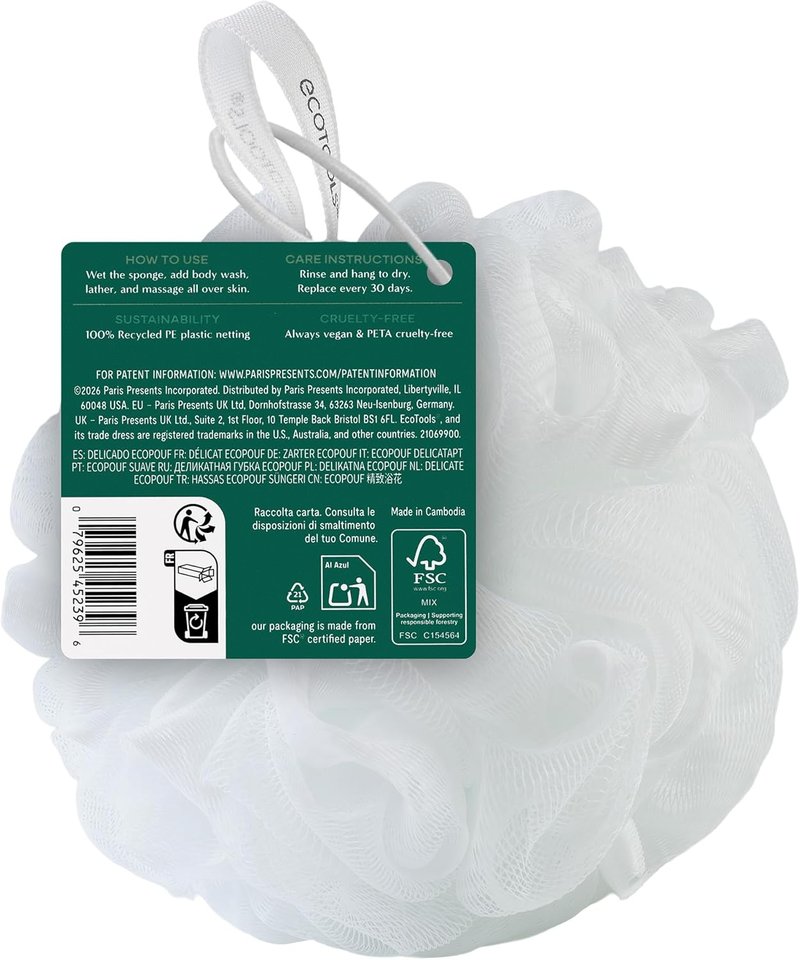 EcoTools Delicate EcoPouf Body Loofah - Gentle Exfoliating Shower Sponge for Sensitive Skin | 100% Recycled Netting, 1 Count