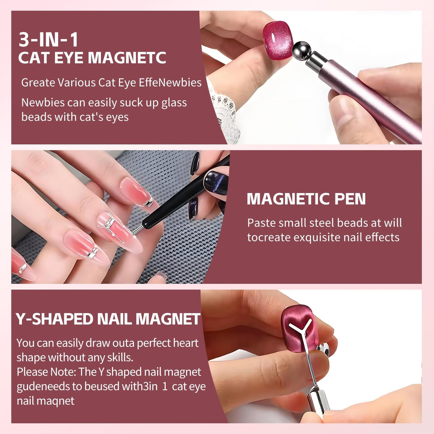 uadbau 4-Piece Cat Eye Magnet Set – Black Bead-Attracting Nail Magnet Pen & Heart-Shaped Magnet for Nails, Nail Magnets for Nail Art, Cat Eye Magnet for Nail Art, Perfect for Home DIY, Nail Art Design