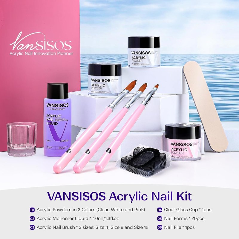 Acrylic Nail Kit for Beginners - Professional Clear, White & Pink Powder Set | DIY Home Manicure