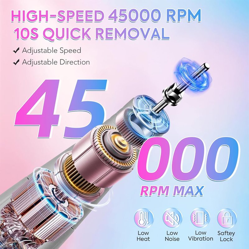 Electric Nail Drill Professional 45000RPM, Portable Cordless Nail File for Acrylic & Gel Nails, Rechargeable E-File Machine with 7 Drill Bits, 56 Sanding Bands & Base, for Salon or DIY Home (Gradient)