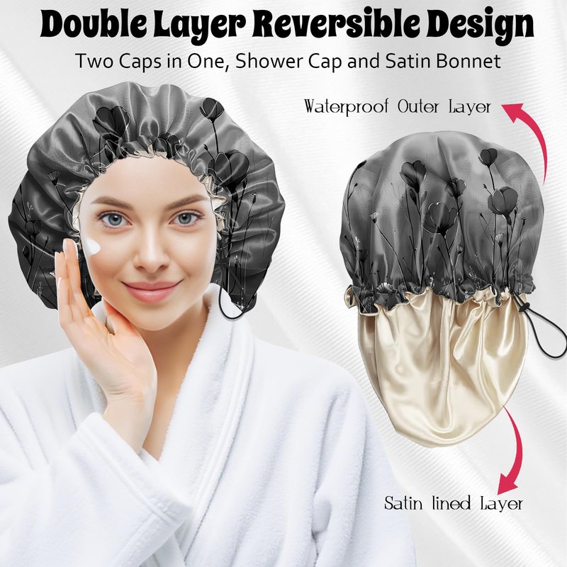 BHAHB Luxury Shower Cap Satin Lined Reusable Waterproof Double Layer Elastic Adjustable Hair Bath Cap Cute Aesthetic Women Girls-Black Flower