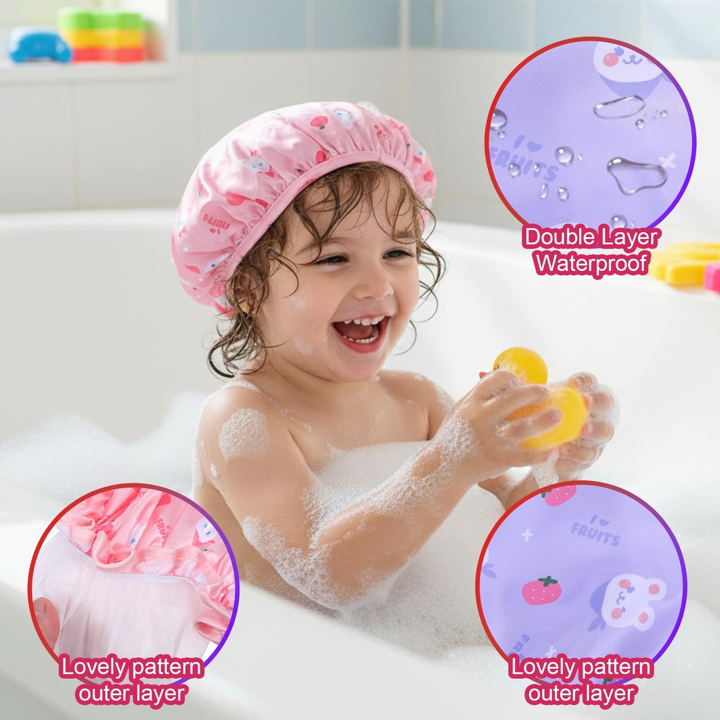 Jeffdad Kids Shower Caps, 2 PCS Pink & Purple Waterproof Double Layers Shower Caps Cute Bonnets Elastic Band Bonnet Satin and Eva Soft Kids Sleeping Cap Reusable Shower Cap