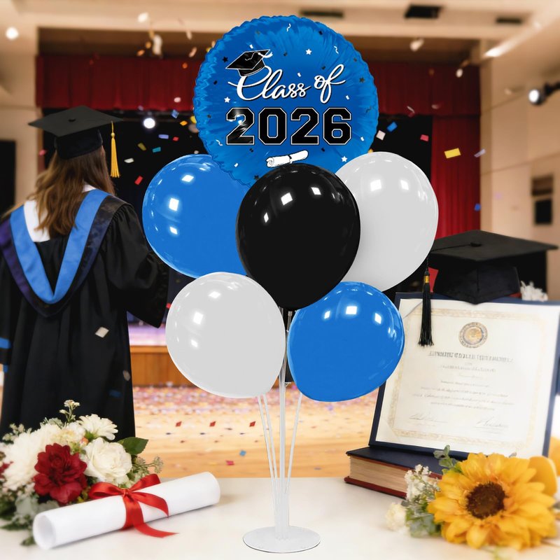 Graduation Decorations - 4 Set Balloon Stands, Class of 2026 Congrats Grad Table Centerpieces for Graduation Party Supplies(Blue & Black)