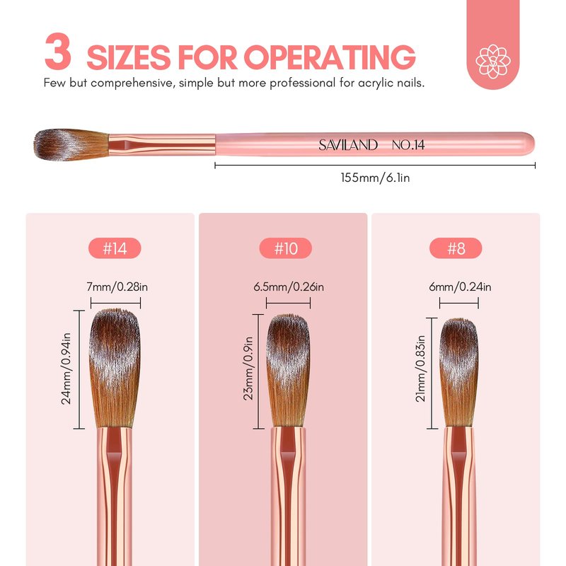 SAVILAND 3PCS Acrylic Nail Brush Set: Size 8/10/14 Kolinsky Acrylic Nail Brushes for Application, Pink Handle Professional Acrylics Powder Brushes for Nails Extension & 3D Nails Carving