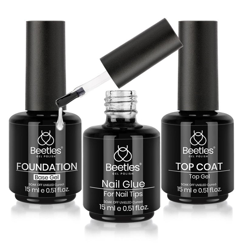 Beetles Top Coat Base Gel & Nail Glue Set-3Pcs No Wipe Top Coat Gel Nail Polish & Base Coat with 9 In 1 Nail Glue Shine Effect Long Lasting Soak Off Uv Light Lamp Diy Nail Gifts for Women & Girls