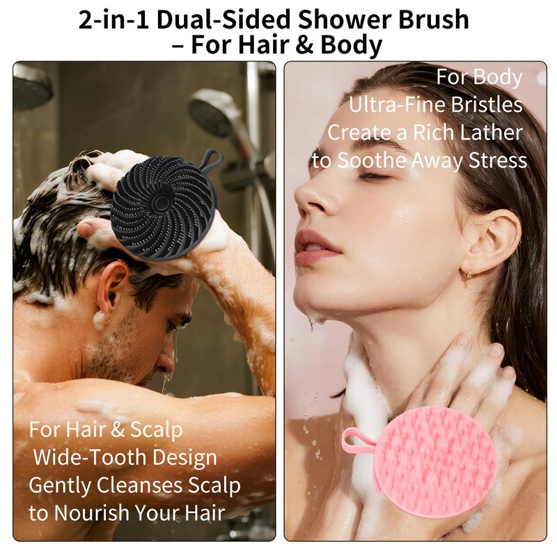 Merleu 2 Pcs Larger Silicone Body Scrubber&Scalp Massager Hair Growth,Dual Sided Dual-Use,Exfoliating Body Scrubber,Wet&Dry Brush for Hair Massager Scalp,Silicone Shower Scrubber (Black and Pink)