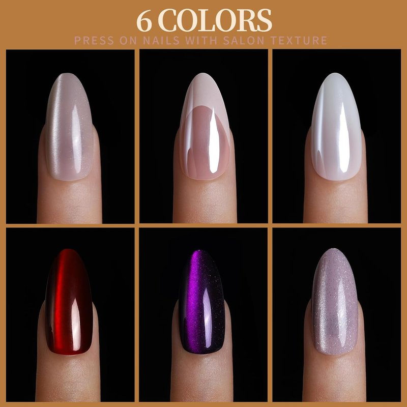 Almond Press On Nails - Cat Eye Glossy French Tip Set | 6 Iridescent Colors for Salon Quality Manicure
