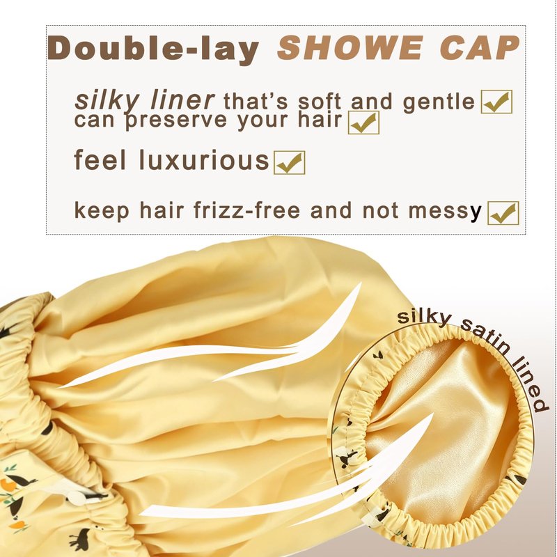Genergy 2pcs Shower Cap for Women,Including Travel bag and Scrunchy. Frizz-Free Silky Liner, Waterproof Reusable Large Bath Bonnet for Short and Long Thick Hair, Soft Adjustable Elastic, Non-slip.