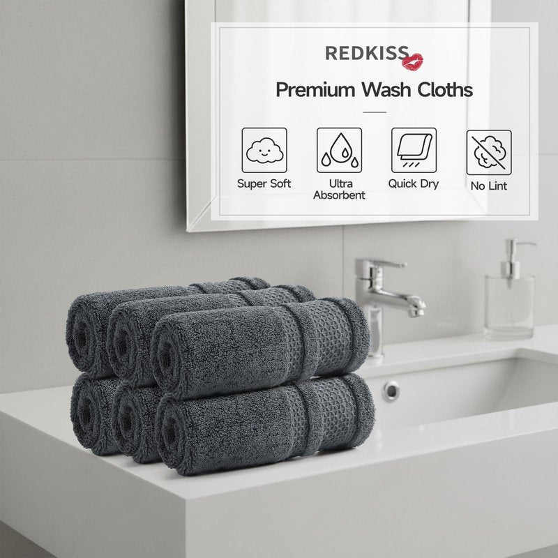 REDKISS Luxury Washcloths for Showering, 13x13 inch, 100% Cotton Premium Wash Cloths Set of 6, Super Soft and Highly Absorbent Face Towels for Bathroom, Spa, Gym and Hotel, Blue Gray