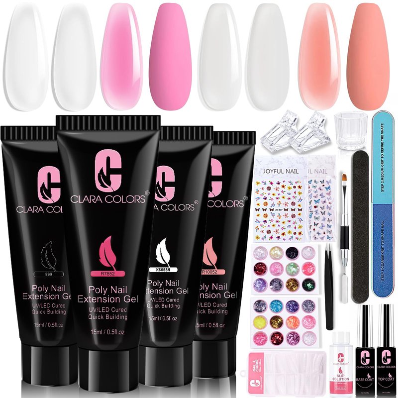 Clara Colors Poly Gel Nail Kit with 4 Colors - Clear, White, Jelly, Nude, Pink Builder, Extension, Slip Solution, Base, Top Coat, Gel, Nail Art Tools