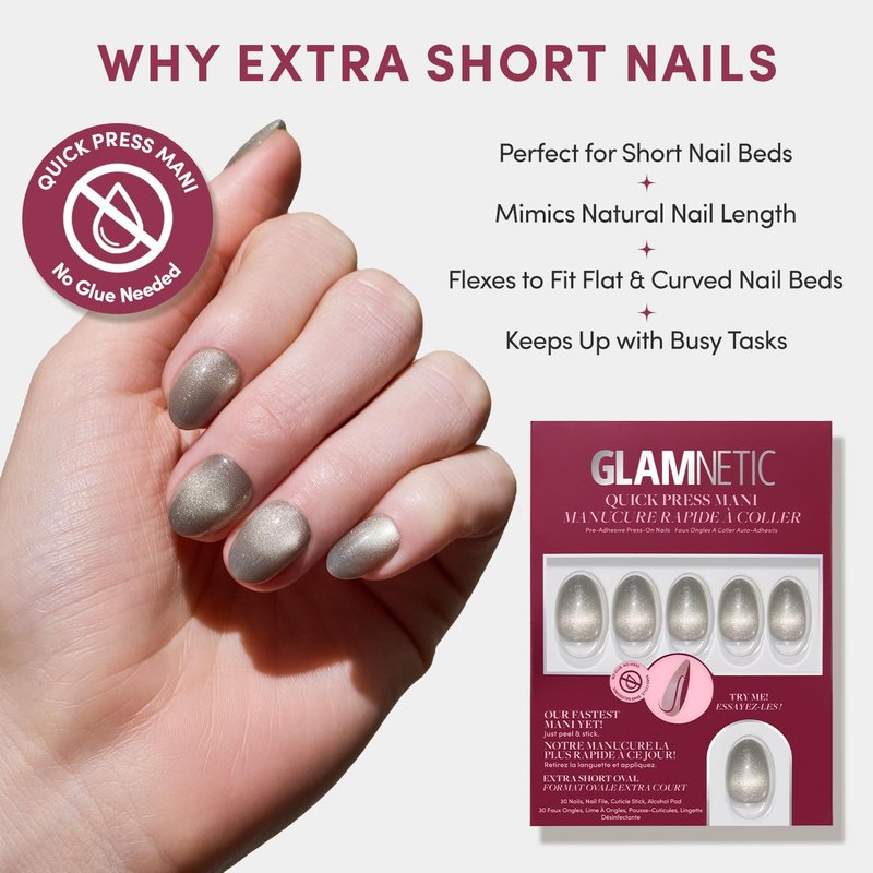 Glamnetic Quick Press Mani - Mess-Free Peel and Stick Oval Extra Short Nails | Sparkly Moss - 30 Nail Kit in 15 Sizes