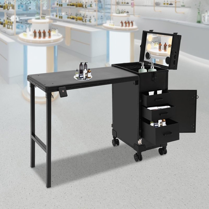 FuoiDuu Rolling Manicure Table with 3 Drawers, Portable Makeup Train Case with Foldable Desk, Lockable Nail Desk with Lightening HD Glass Mirror for Hairdressers, Beauticians (Black)