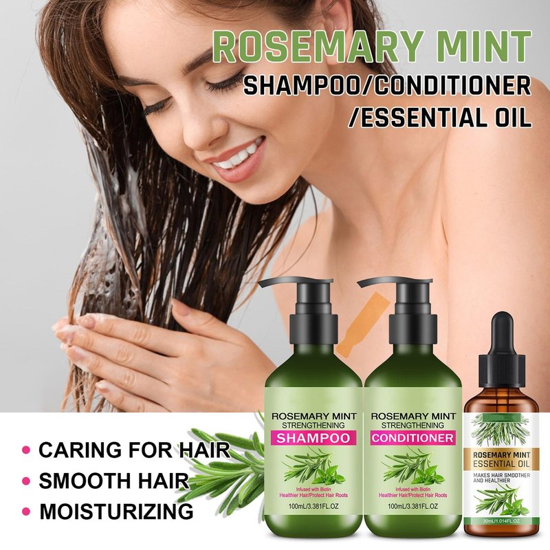 Rosemary Mint Strengthening Shampoo and Conditioner with Hair Oil, Rosemary Hair Treatment Set For Strengthens Hair, Nourish & Smooth for Thin Hair, Reduce Frizz and Hair Loss, Add Shine