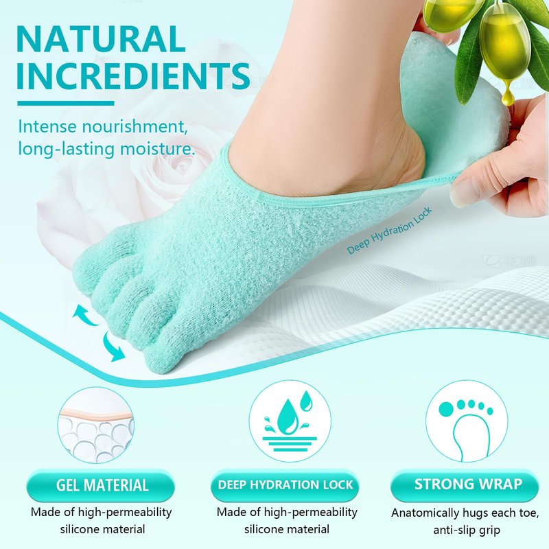 MoyRetty Moisturizing Silicone Gel Socks with 5-Toes, Dry Cracked Feet Treatment, gel socks for dry cracked feet women Lavender Oil Infused-Green