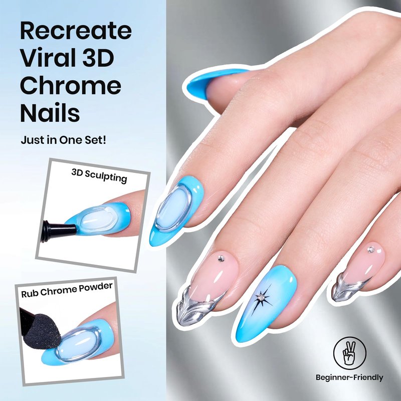 Beetles Chrome Nail Art Gel 3D Sculpting Gel, Clear No Wipe Rhinestone Glue for Chrome Powder, Mirror Effect Nail Designs, Builder Drawing Molding Gel for Gems DIY, 15g