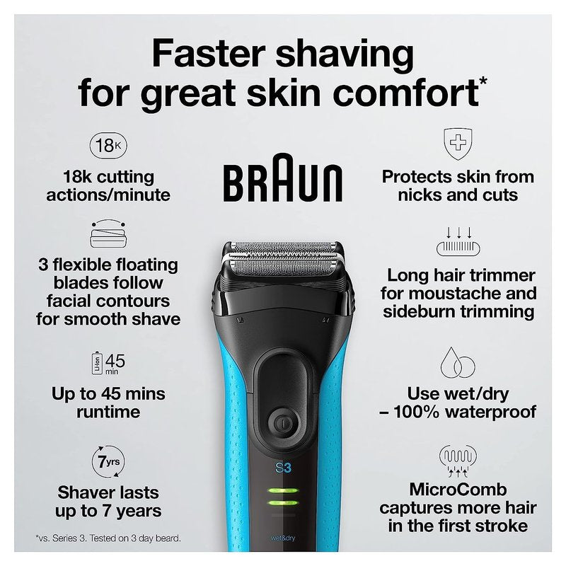 Braun Electric Series 3 Razor - Rechargeable Wet & Dry Foil Shaver for Men | Precision Trimmer, Blue/Black