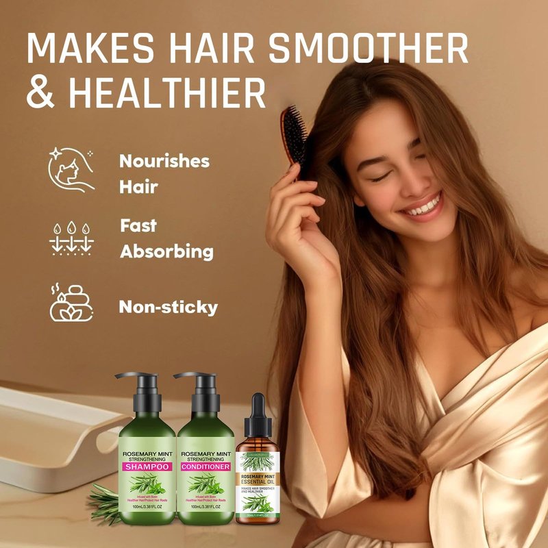 Rosemary Mint Strengthening Shampoo and Conditioner with Hair Oil, Rosemary Hair Treatment Set For Strengthens Hair, Nourish & Smooth for Thin Hair, Reduce Frizz and Hair Loss, Add Shine