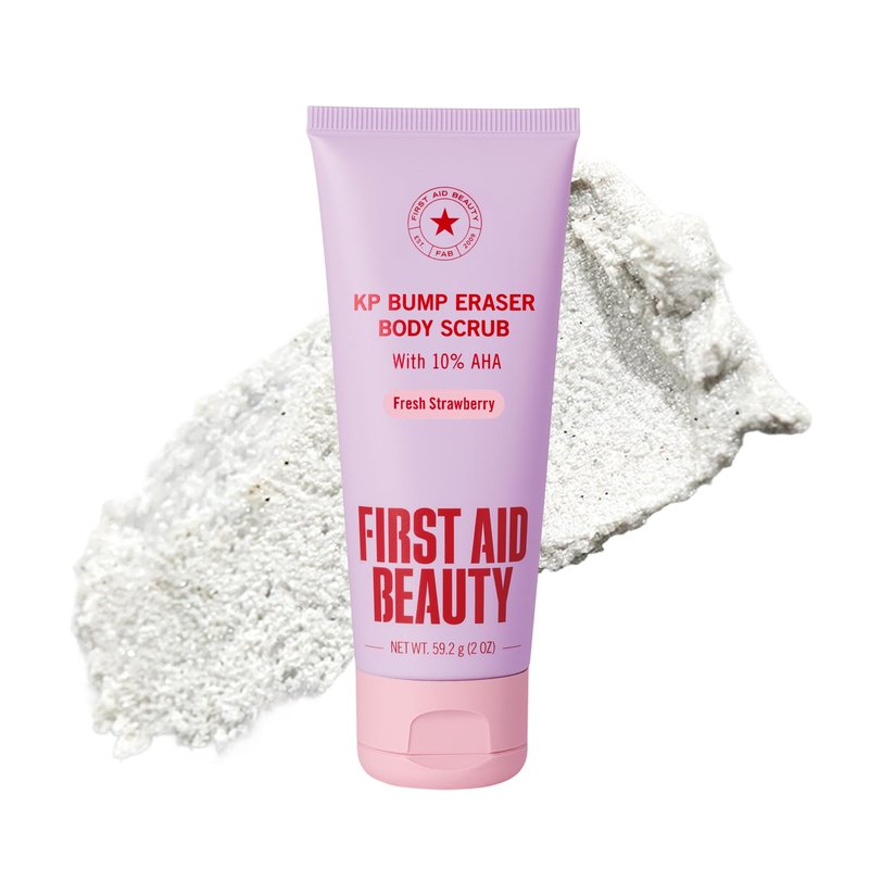First Aid Beauty KP Bump Eraser Body Scrub with 10% AHA - Dermatologist-Tested Keratosis Pilaris Exfoliator - Support for Rough Bumps & Uneven Skin Texture - Sensitive Skin - 2 oz, Fresh Strawberry
