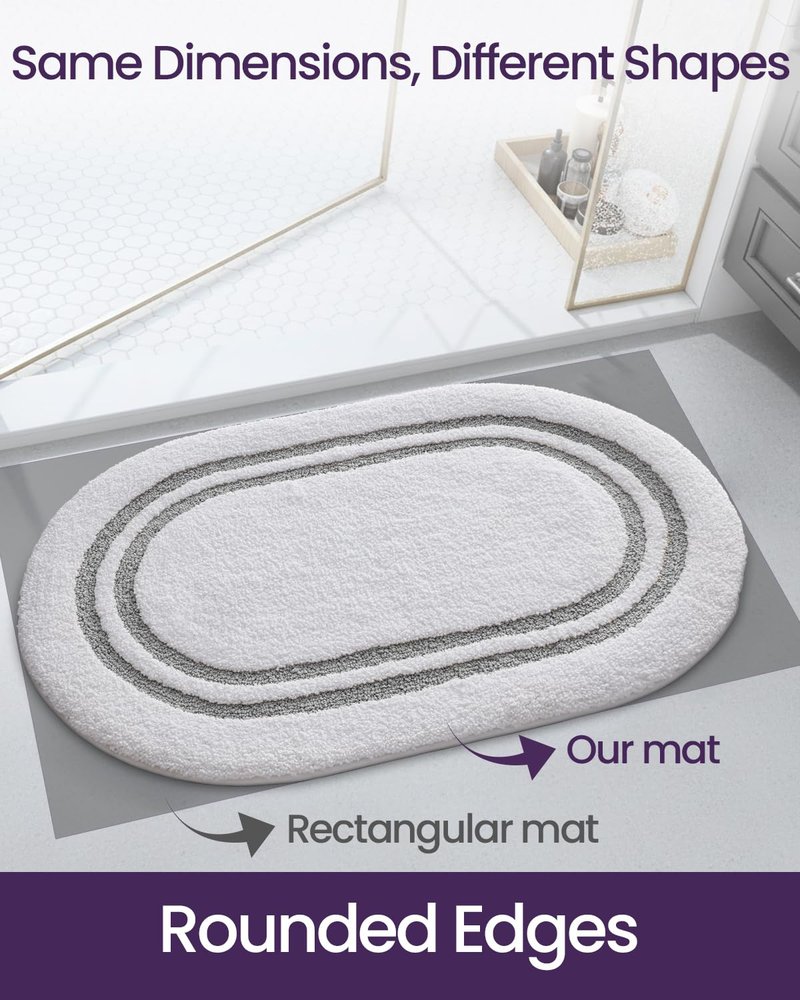 DEXI Oval Bath Mats for Bathroom, 17x30 Absorbent Bath Mat, Washable Microfiber Bathroom Rug with Non Slip Backing for Shower Floor, Light Grey