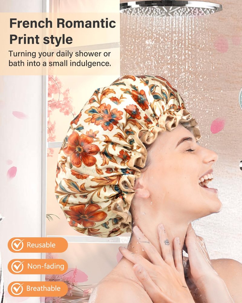 mikimini Large Shower Cap for Women Reusable Waterproof, Extra Large Hair Cap with Adjustable Elastic Band and Vibrant Floral Print, XL Bath Cap for Long Hair & Short Hair, 2 Pcs