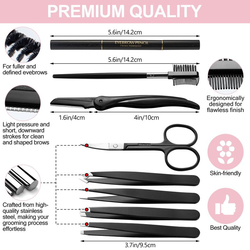 Exquisite 8-in-1 Eyebrow Kit for Women & Men – Luxury Eyebrow Grooming Kit with 4 Precision Tweezers For Eyebrows, Eyebrow Razor, Eyebrow Scissors, Eyebrow Brush/Comb & Pencil with Padded Case