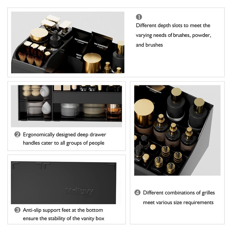 Mriluvy Makeup Organizer with Drawers,Large Cosmetic Storage Box,Countertop Skincare Organizer,ABS Makeup Brush Holder for Bathroom,Desk,Dresser,Multifunctional Beauty Display Case,Black transparent