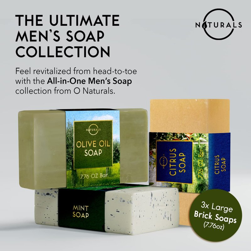 O Naturals Bar Soap for Men - 3-Pcs Mens Soap Bar - Natural Soap - Mens Bar Soap - Body Soap Bars - Men Soap - Natural Soap for Men - Organic Men's Soap Bars - Exfoliating Soap Bar - Citrus,Olive&Mint