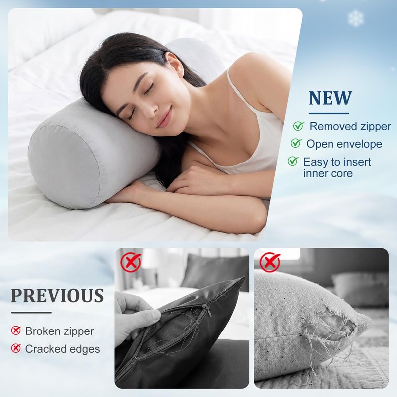 Newwiee 2 Pcs Cooling Cervical Neck Roll Pillow Cover with Zipper (Pillow Case Only) 16 x 6 Inch Round Neck Roll Pillowcover Breathable Cylinder Soft Bolster Pillowcase for Cylindrical Cushion, Gray