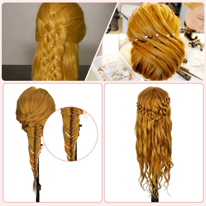 Mannequin Head with 70% Human Hair, 26" Light Brown Real Human Hair Training Head, Manikin Cosmetology Head with Clamp Holder & Tools, Practice Doll Head for Hair Styling, Braiding, Curling, Cutting
