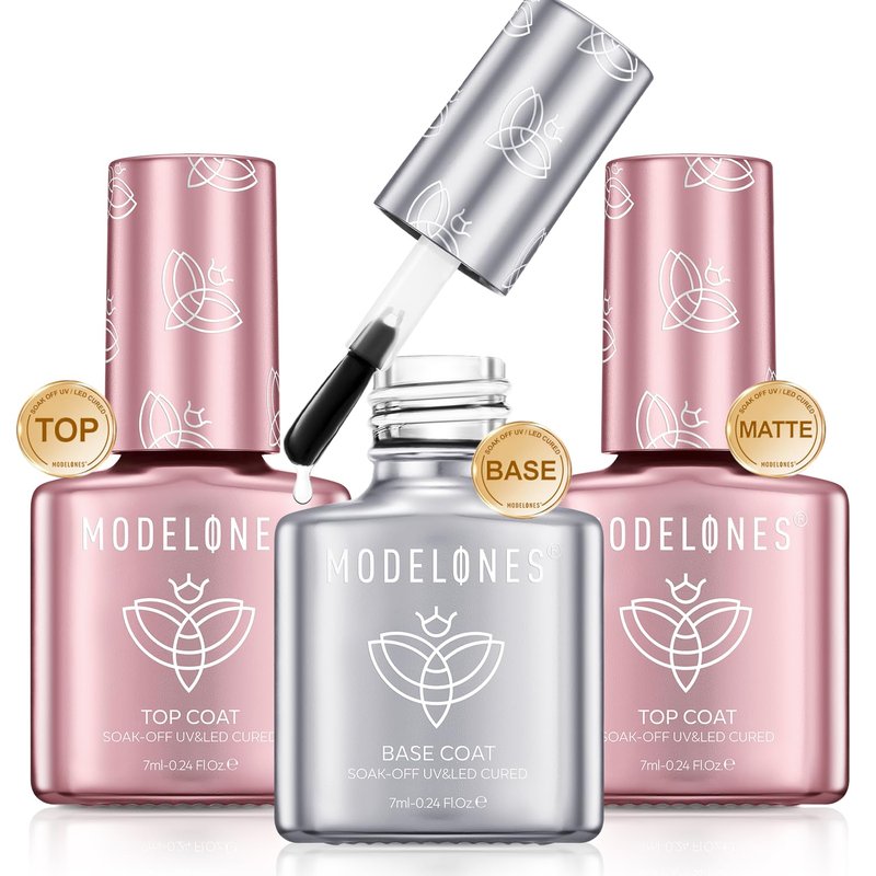 Modelones Gel Top Coat & Base Gel Polish Set - 3 PCS Clear Glossy & Chrome Proof Matte Finish | Pro Manicure Essential Kit for Women & Girls