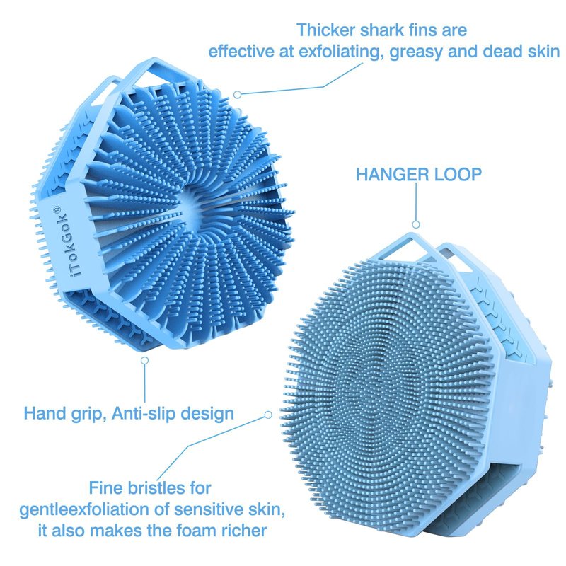 iTokGoK® Silver-Infused 2-in-1 Silicone Body Scrubber, Double-Sided Design Body Brush Body Scrubber Exfoliating Body Brushes for Sensitive Skin for Showering, Silicone Loofah - Sky Blue