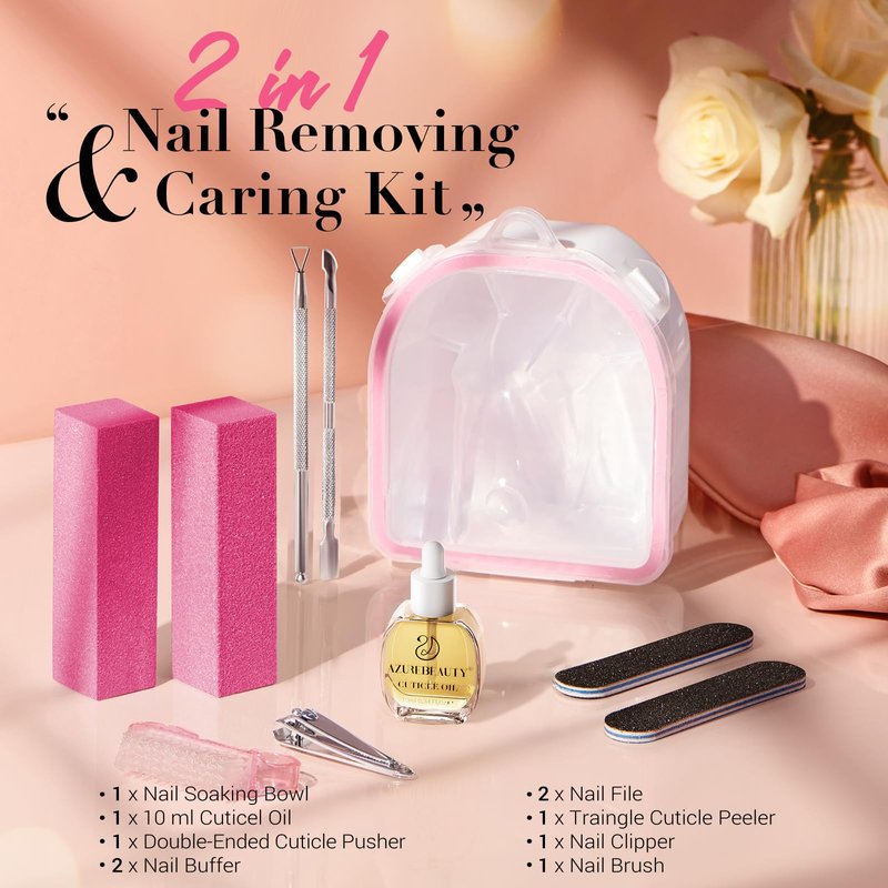 AZUREBEAUTY Nail Soaking Bowl, Soak Off Dip Powder Gel Polish Remover, Manicure Bowl for Hand with 15ml Cuticle Oil Nail Art Tools, Nail Brush, Cuticle Pusher, Cuticle Peeler, Nail File Buffer