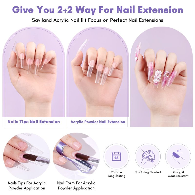 SAVILAND Acrylic Nail Kit with Drill: 15g White Pink Clear Acrylic Powder and Liquid, 100 Nail Forms, Brushes, Primer, Top Gel, Extension Tools Kit for Beginners Home DIY & Salon Use