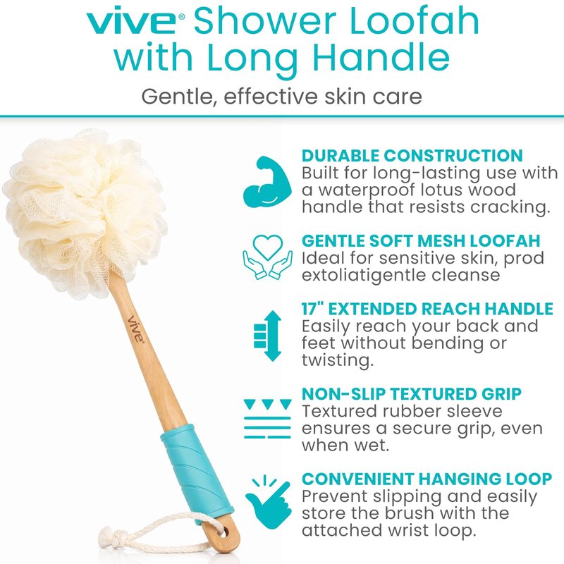 Vive 17” Shower Loofah with Long Handle - Exfoliating Back & Body Scrubber for Men & Women - Luffa Sponge on a Stick for Bathing, Cleaning - Includes Extra Handheld Lufa, Hook & String to Hang on Wall