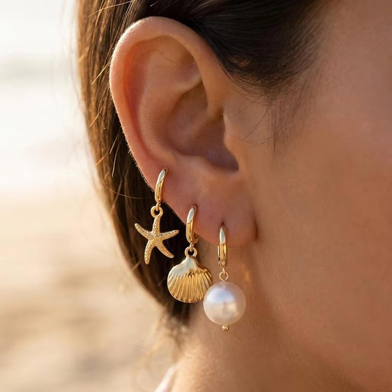 Skiennix Huggie Hoop Earrings Set - 14K Gold Plated Ocean Elements | Shell, Starfish, Conch, Pearl