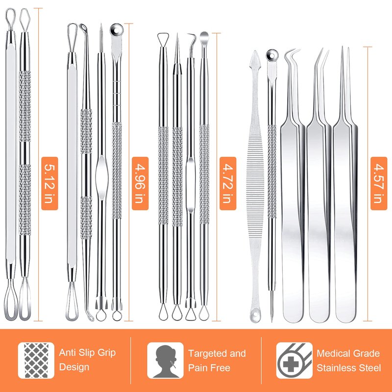 Pimple Popper Tool Kit, IUMAKEVP 15 PCS Professional Stainless Steel Blackhead Remover Comedone Extractor Tools for Removing Zit on Face - Acne Removal Kit with Metal Case (Silver)