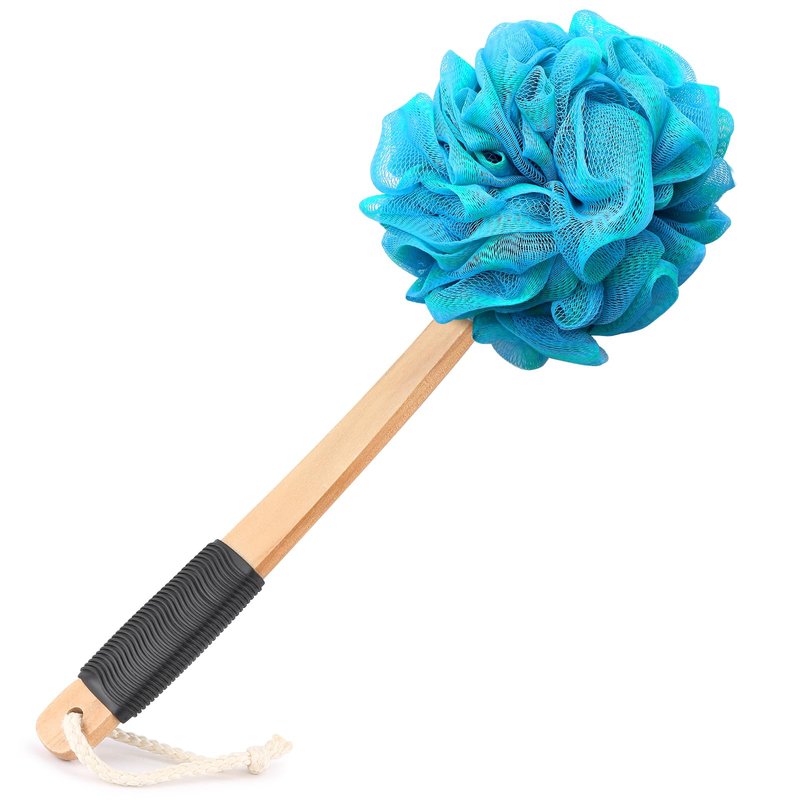 Loofah on a Stick PE Soft Mesh Luffa with Non-Slip Wooden Handle Made of Soft and Sturdy Rubber Material Back Scrubber for Shower for Women and Men with String for Easy Hanging(Green Blue)