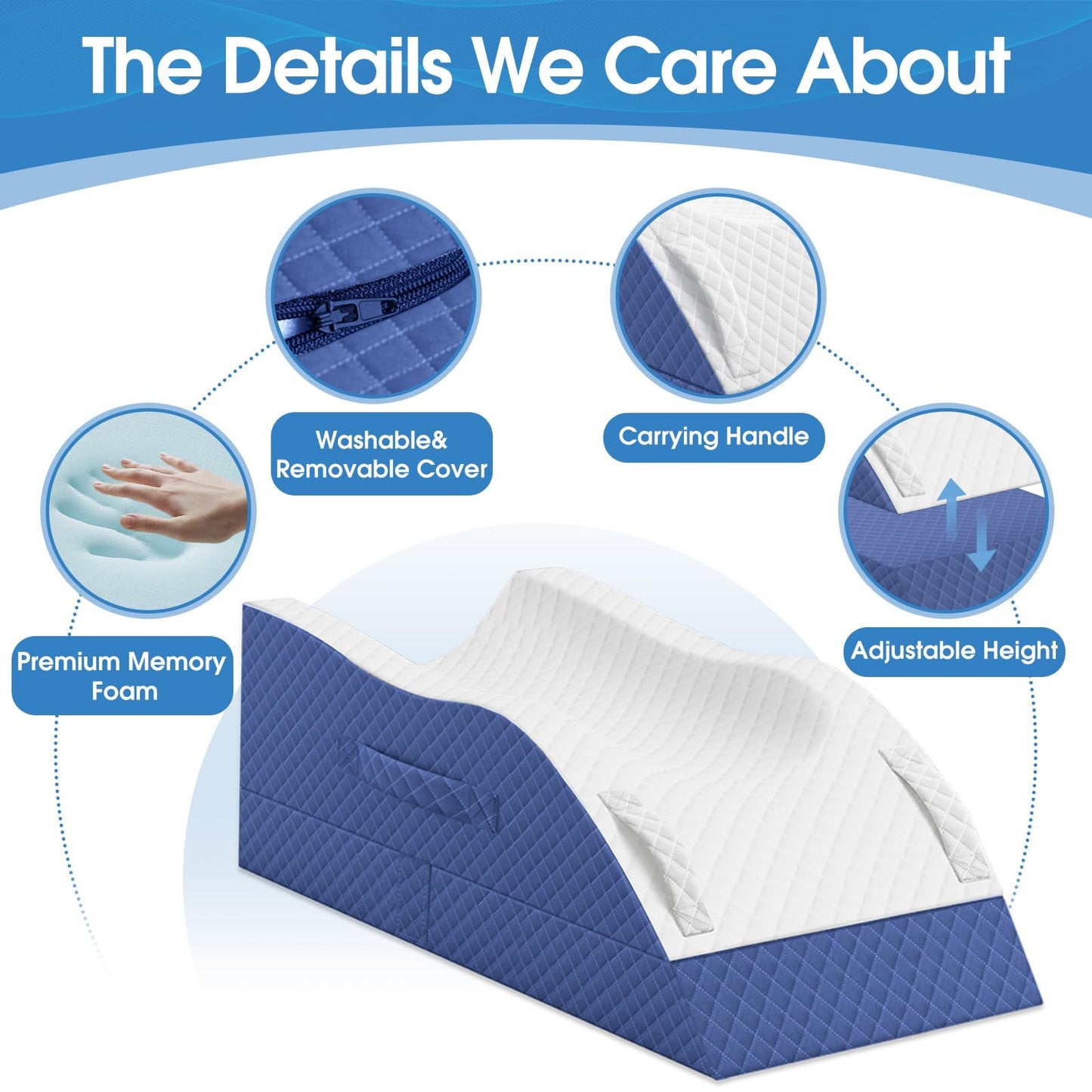 TranquilRelax Elevation Pillows for Leg After Surgery, Memory Foam Adjustable Wedge Pillow for Injury or Rest, Ankle Pillow for Sleeping Blood Circulation, Blue/Single Leg