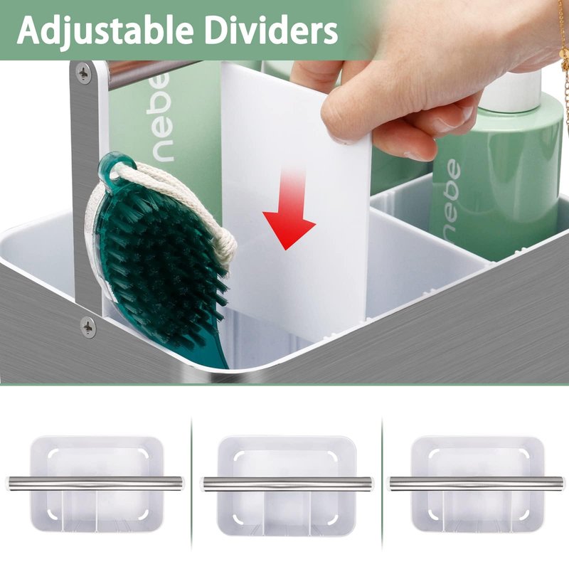 BYUNER Plastic Shower Caddy Dorm - Portable Bathroom Caddy Organizer with Handle and Divider for College Dorm & Shared Bathroom, Hard Shower Tote for Toiletry, Brushed Nickel White